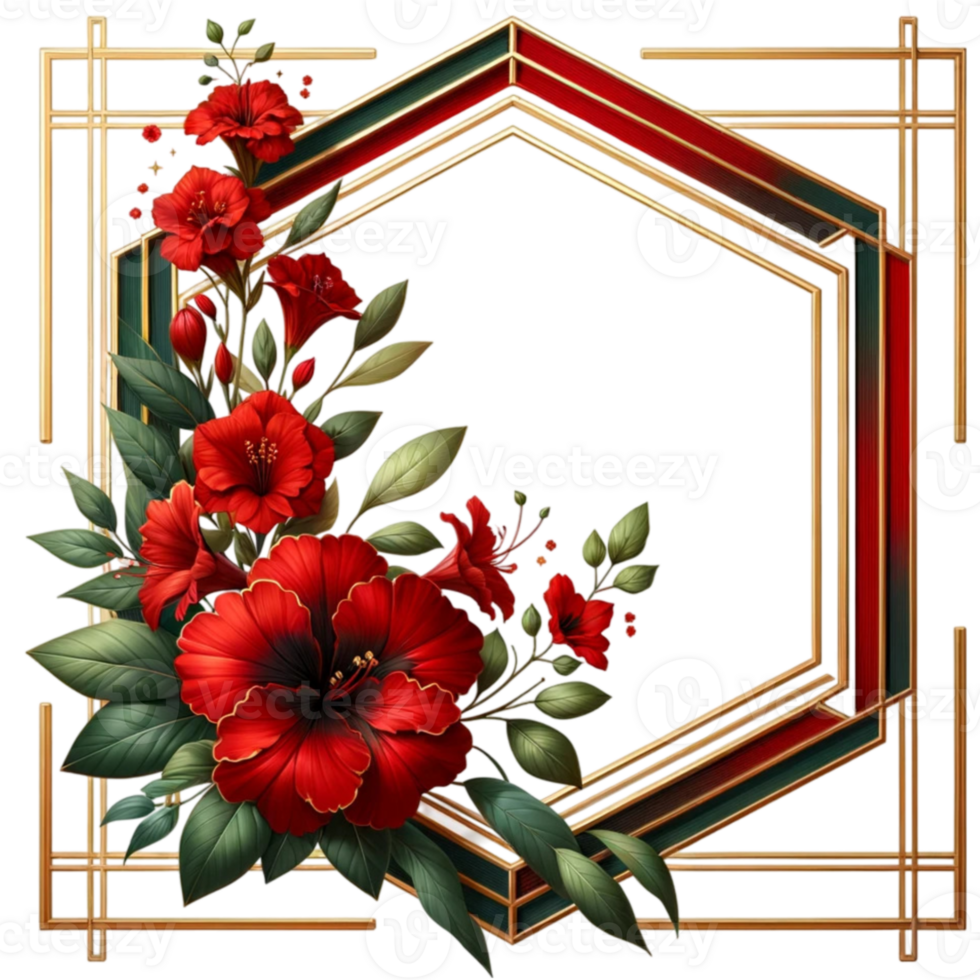 hexagone or Cadre rouge floral verdure feuilles png