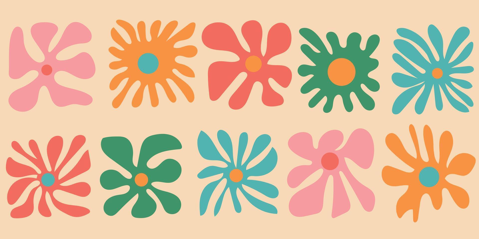 Colorful retro flowers set. Vintage style hippie floral clipart element design collection. Hand drawn nature collage, spring season drawing bundle with daisy flowers. vector