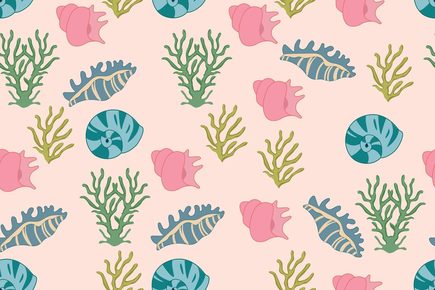 Sea shells seamless pattern. Summer marine animal background set. Vacation travel concept. Trendy pattern of seashells for wrapping paper, wallpaper, stickers, notebook cover. vector