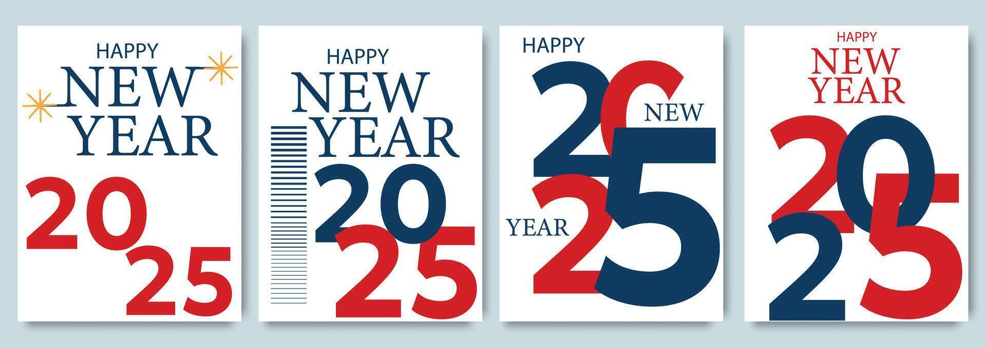 Creative concept of 2025 Happy New Year posters set. Abstract design typography logo 2025 for celebration and season decoration, backgrounds, branding, banner, cover, card template vector