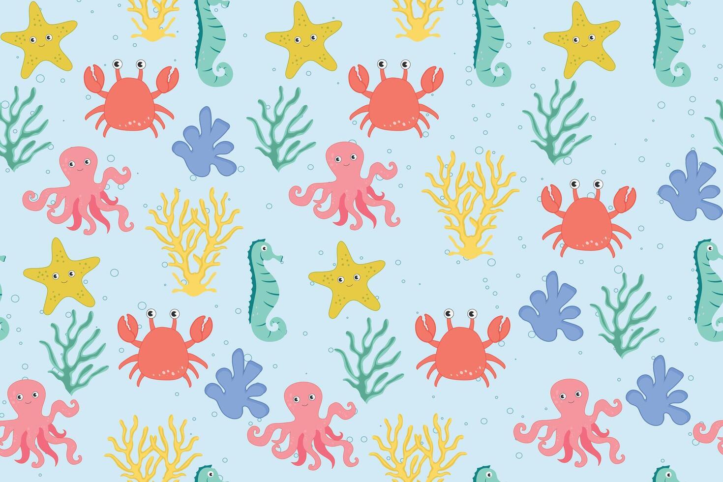 Colorful seamless pattern with sea animals. Trendy cartoon pattern of seashells for wrapping paper, wallpaper, stickers, notebook cover. vector