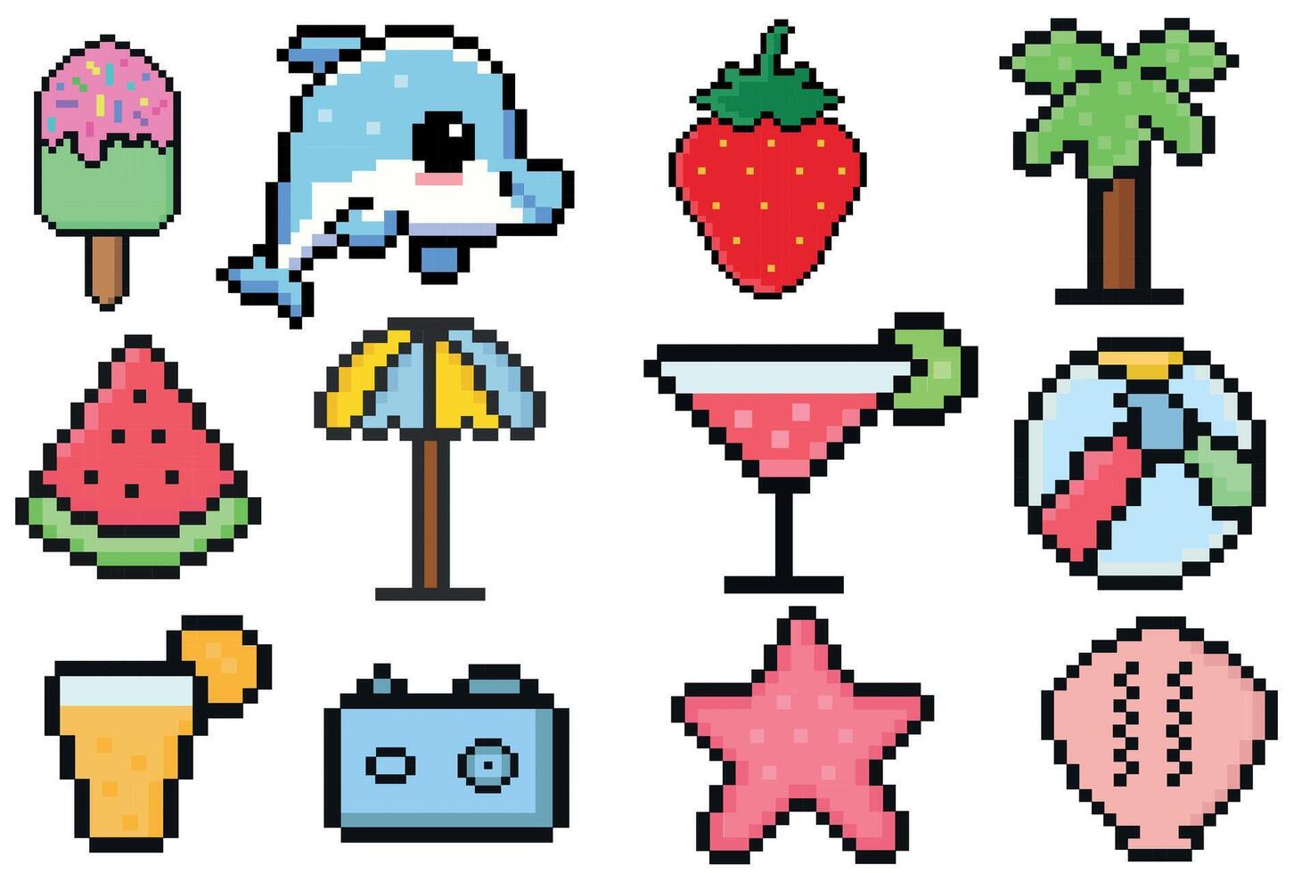 summer pixel set of icons, vintage, 8 bit, 80s, 90s games, computer arcade game items, beach umbrella, sun, sunglasses, juice, Dolphin, palm, seashell, starfish, suitcase, watermelon. Y2K Fashion Icon vector