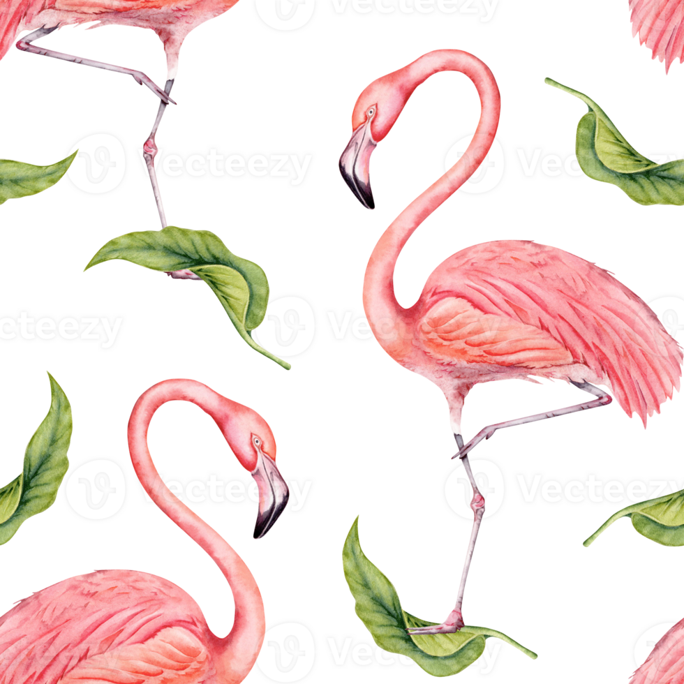 Flamingo bird with green lemon tree leaves tropical seamless pattern. Hand drawn watercolor on transparent background. Exotic natural botanical illustration for surface designs, cards, wallpapers png