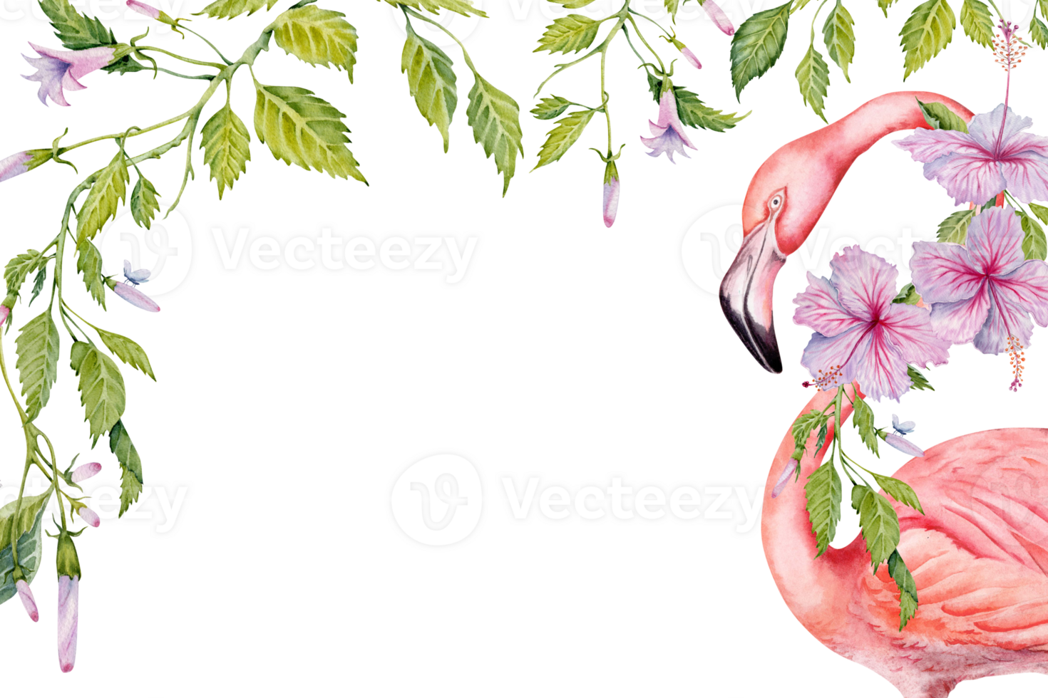 Flamingo bird and pink hibiscus flowers with elegant botanical leaves and buds exotic greeting card design. Hand drawn watercolor template for cards, prints, invitations with copy space for your text. png