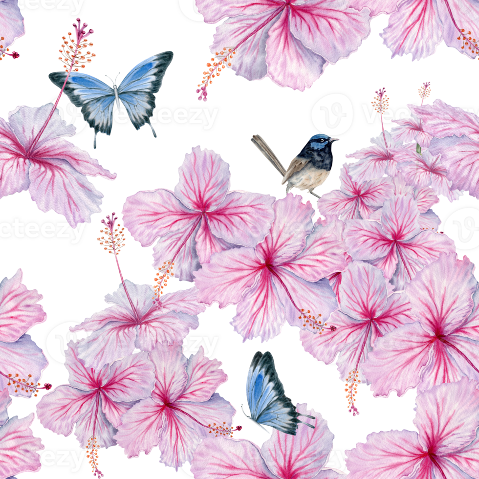 Watercolor pink hibiscus flowers with butterflies and birds seamless pattern. Floral composition background. For tea and syrup. Cosmetics, beauty, fashion prints, wallpaper, fabrics, cards png