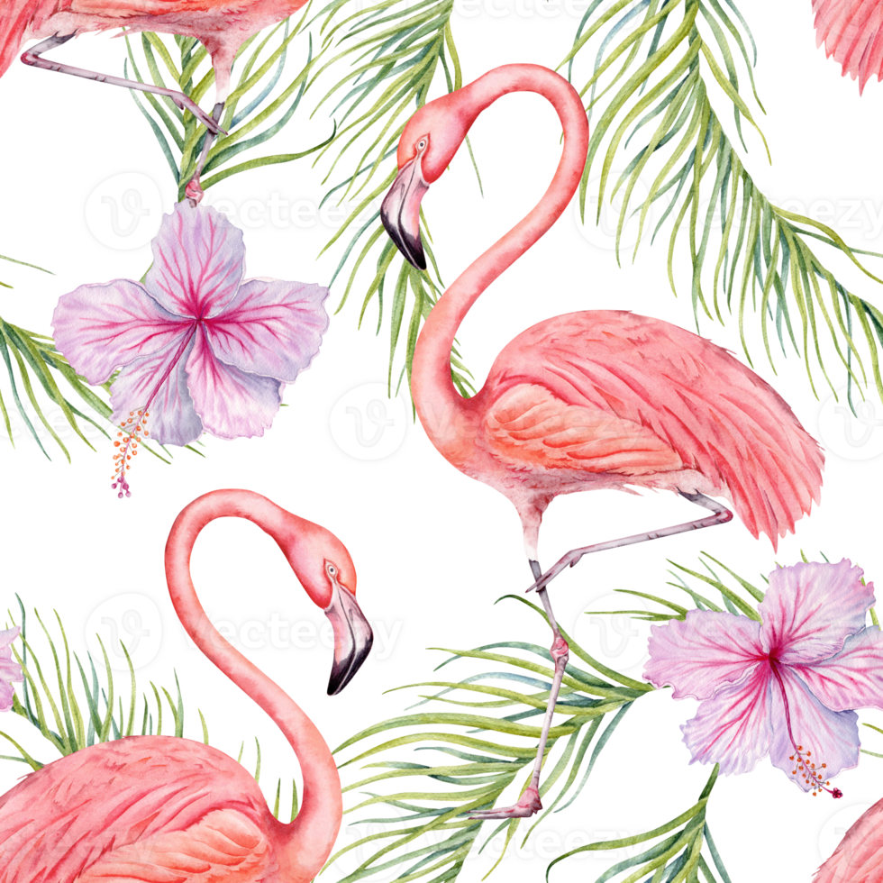 Flamingo bird with green palm leaves and hibiscus flowers seamless pattern. Hand drawn watercolor on transparent background. Tropical botanical illustration for surface designs, cards, wallpapers png