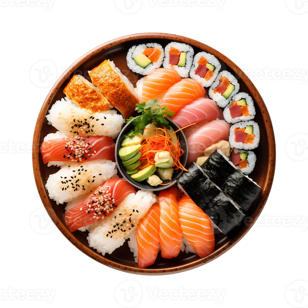 Sushi on tray with sauce and cucumbers for sale png