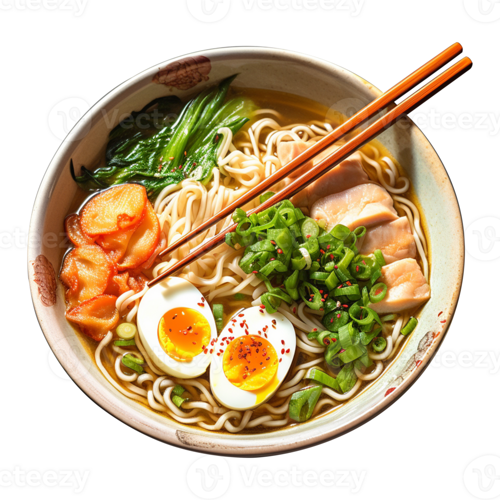 Photo of japanese cuisine ramen noodles with eggs chickenporks with variety toppings png