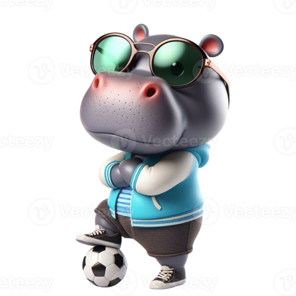 hippo cartoon with sunglasses and a soccer ball png