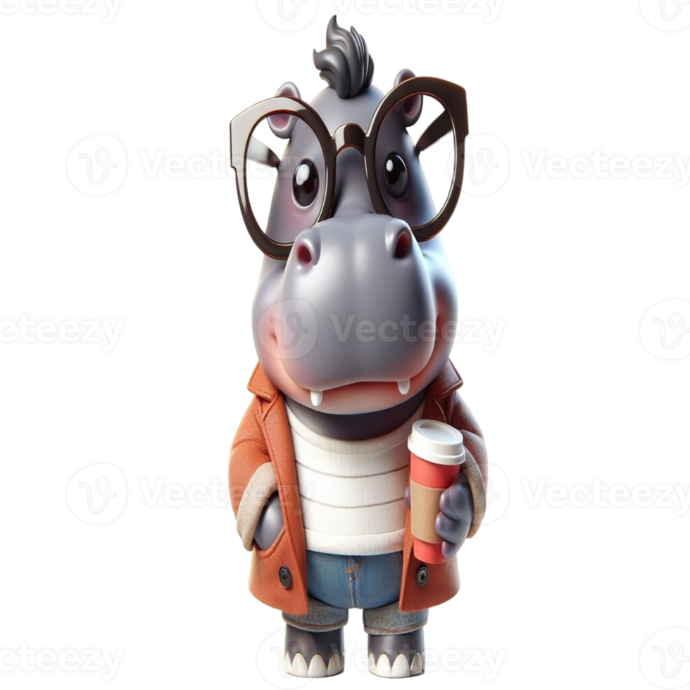 hippo holding coffee and wearing glasses png