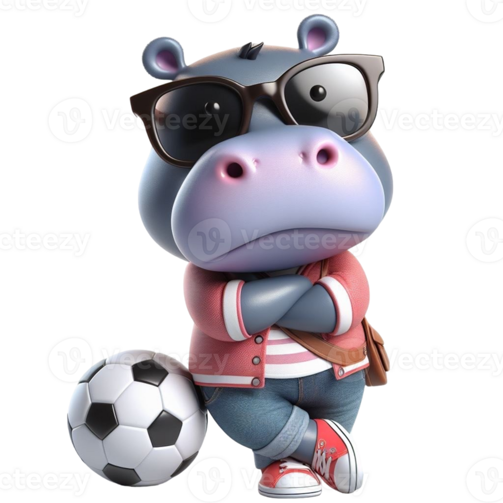 hippo cartoon with sunglasses and a soccer ball png