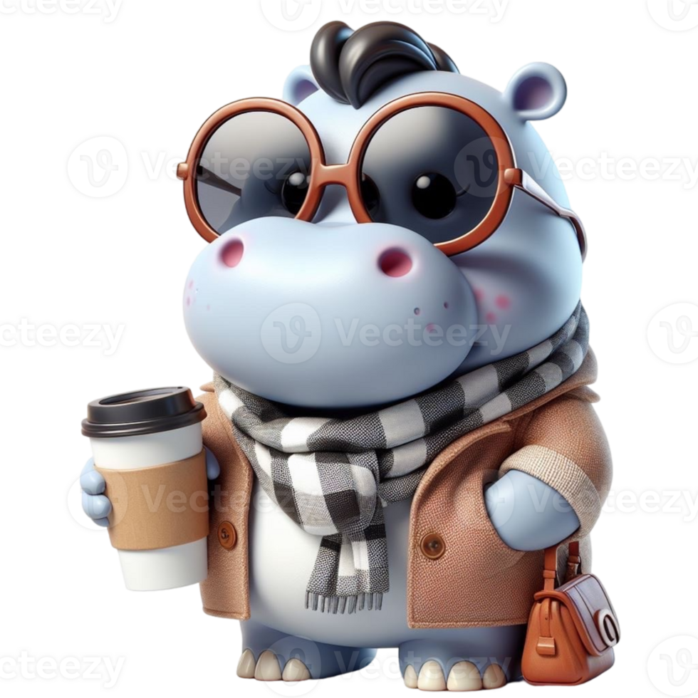 hippo holding a coffee cup and wearing glasses png