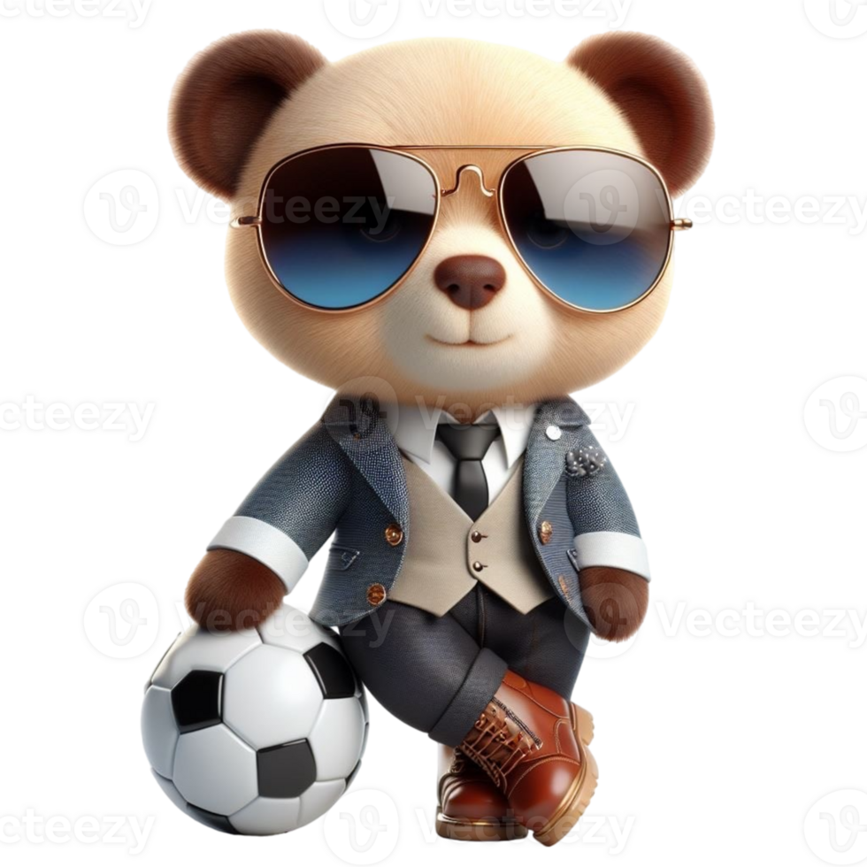 a cartoon bear wearing a suit and tie and holding a soccer ball png