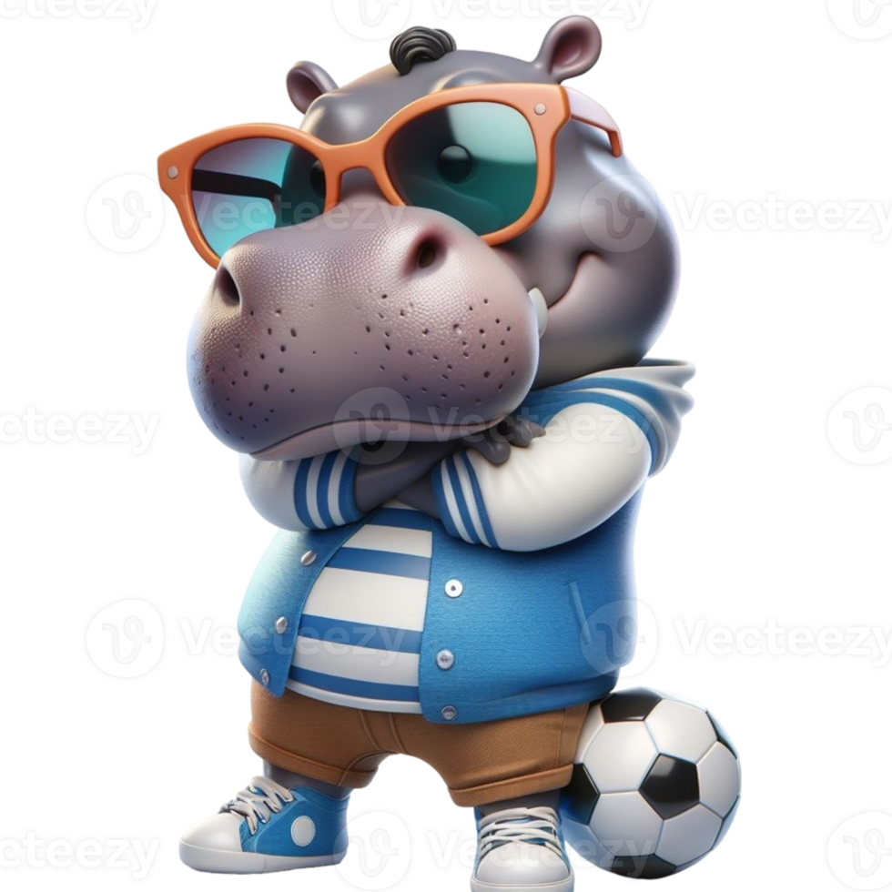 hippo cartoon with sunglasses and a soccer ball png
