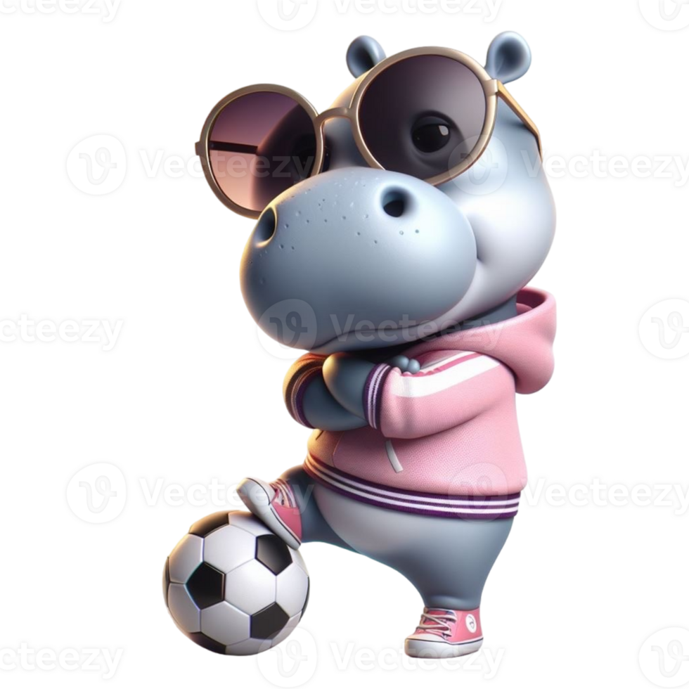 hippo cartoon with sunglasses and a soccer ball png