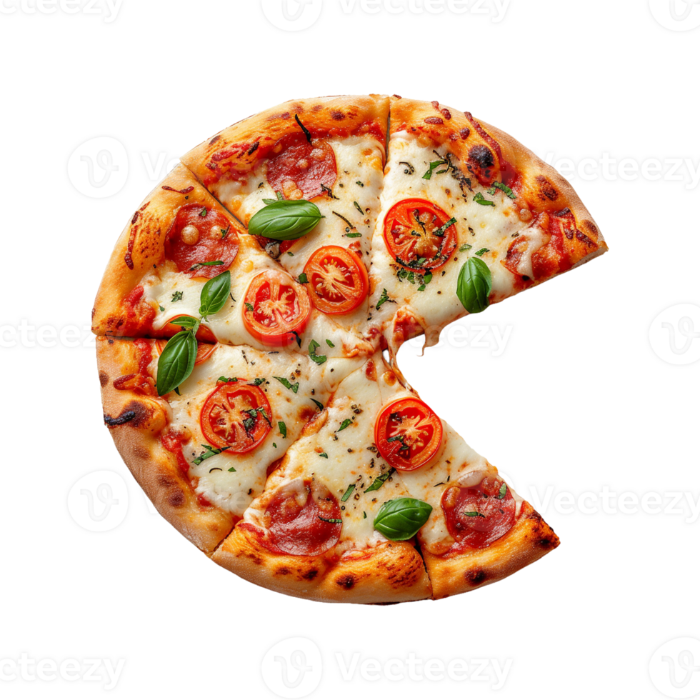 Pizza on wooden board top view on transparent background png