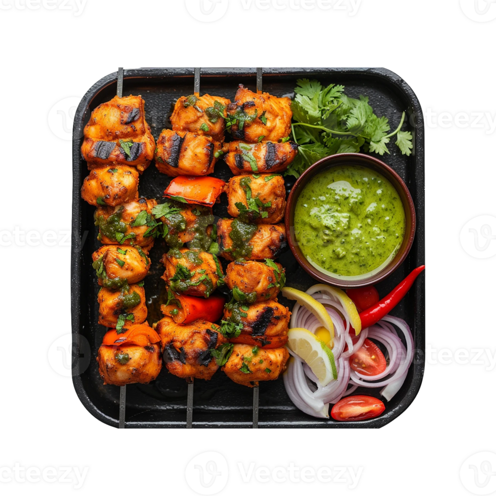 poulet tikka brochettes avec chutney sur transparent Contexte png