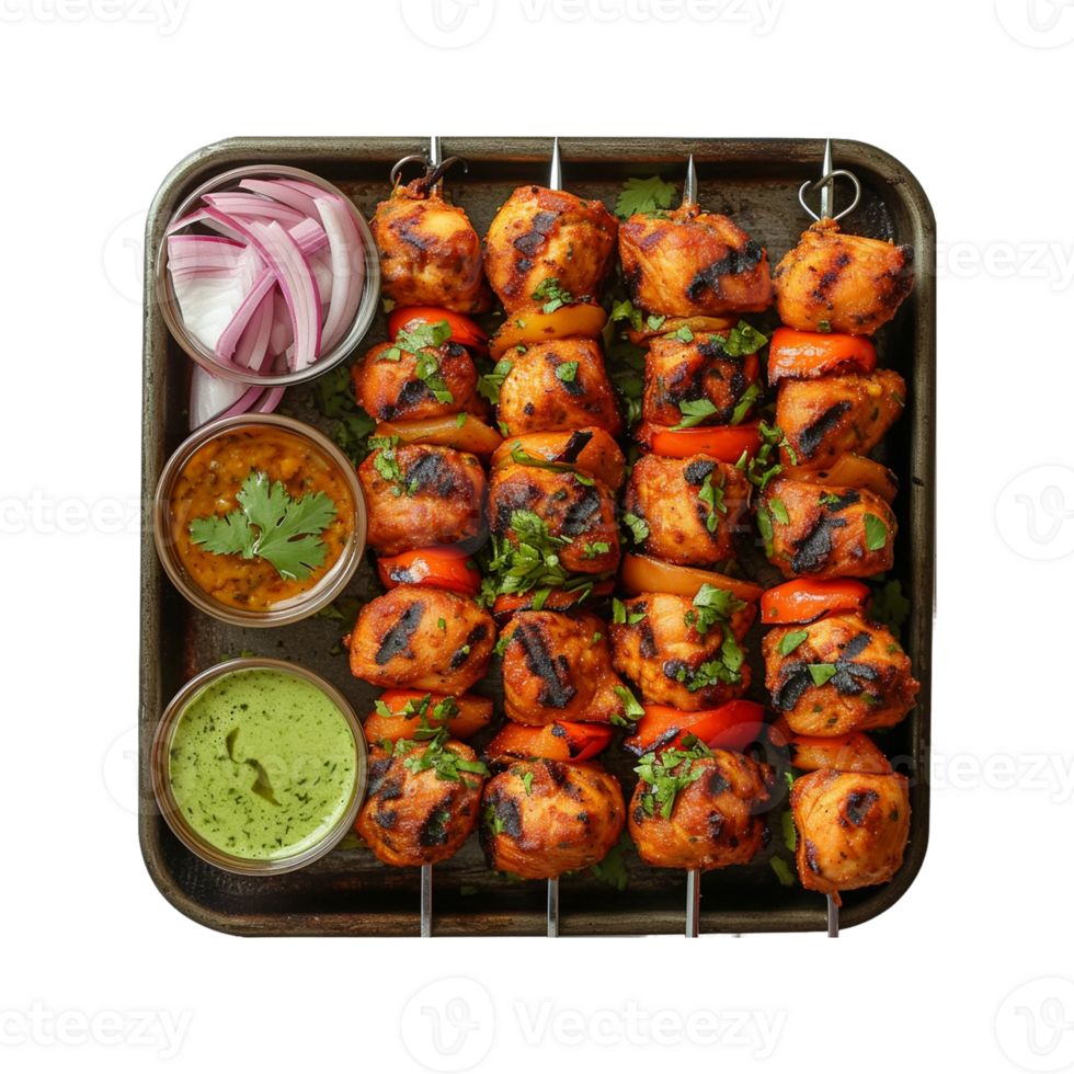 poulet tikka brochettes avec chutney sur transparent Contexte png