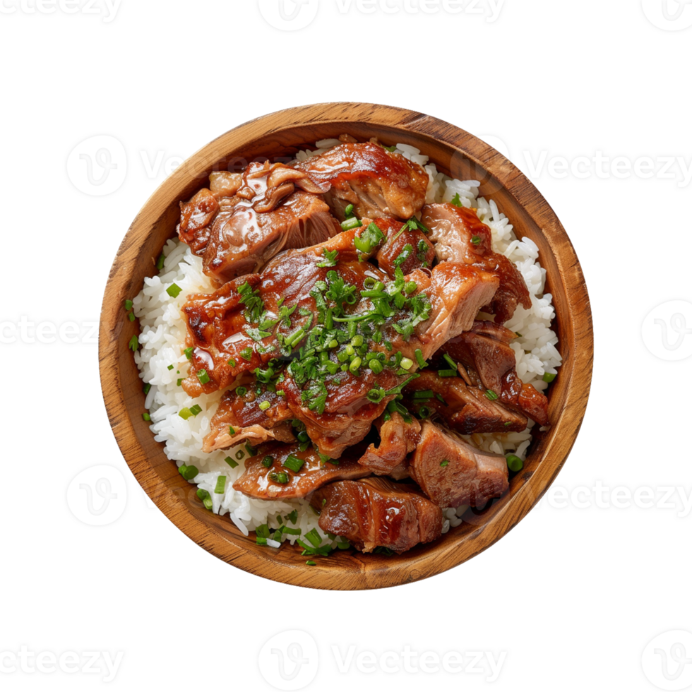 Stewed pork leg on rice on wood board top view on transparent background png