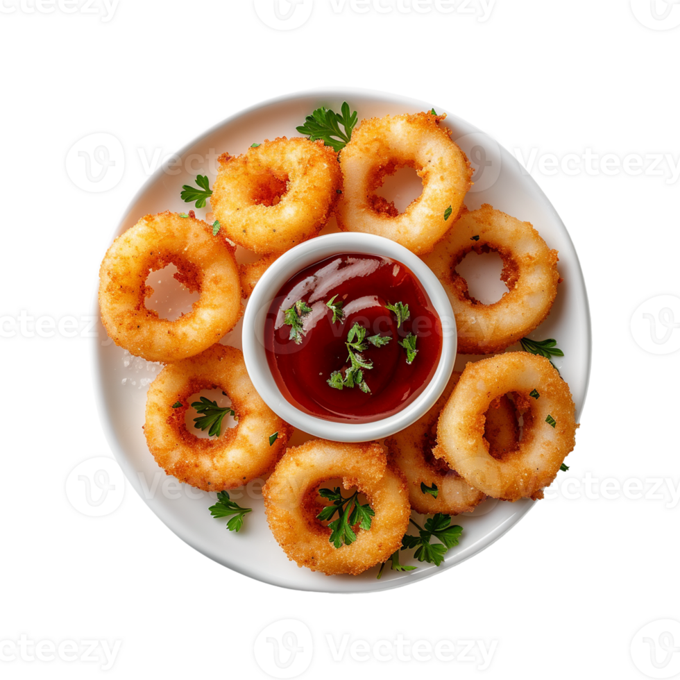 Squid rings snack with sauce served parsley on transparent background png