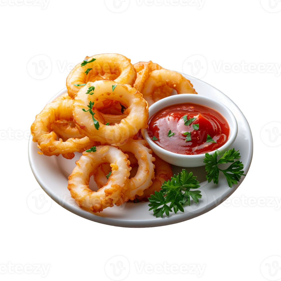 Squid rings snack with sauce served parsley on transparent background png
