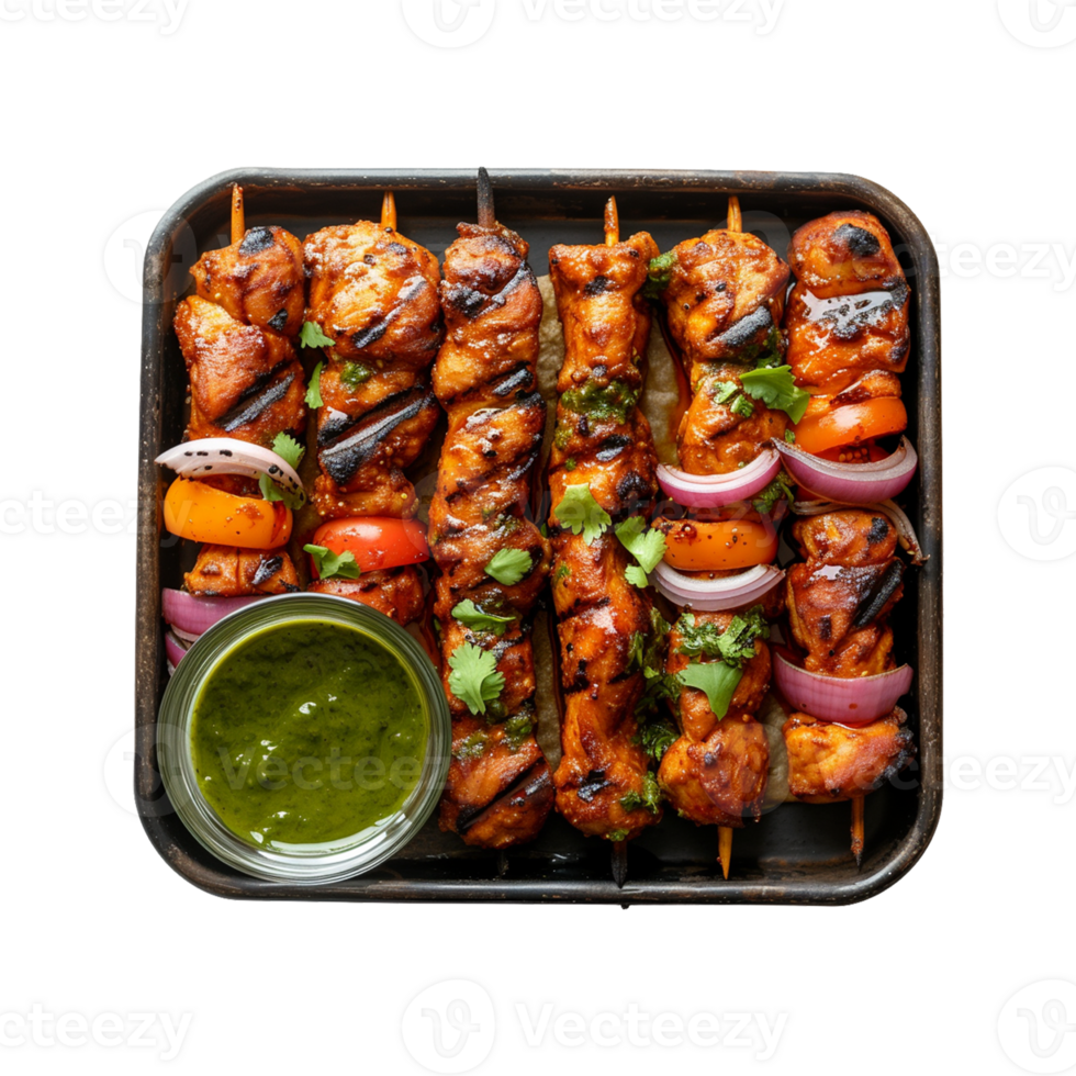 poulet tikka brochettes avec chutney sur transparent Contexte png