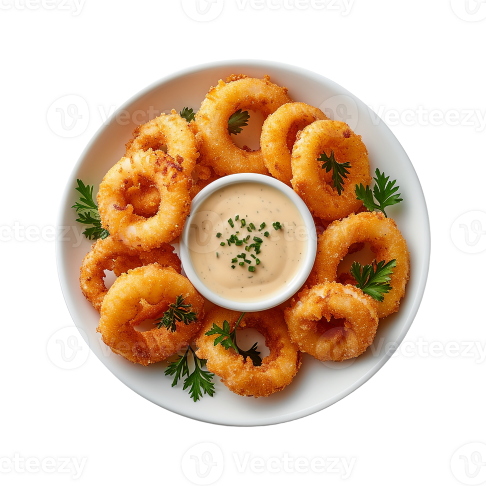 Squid rings snack with sauce served parsley on transparent background png