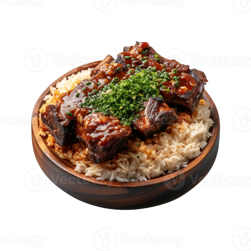 Stewed pork leg on rice on wood board top view on transparent background png
