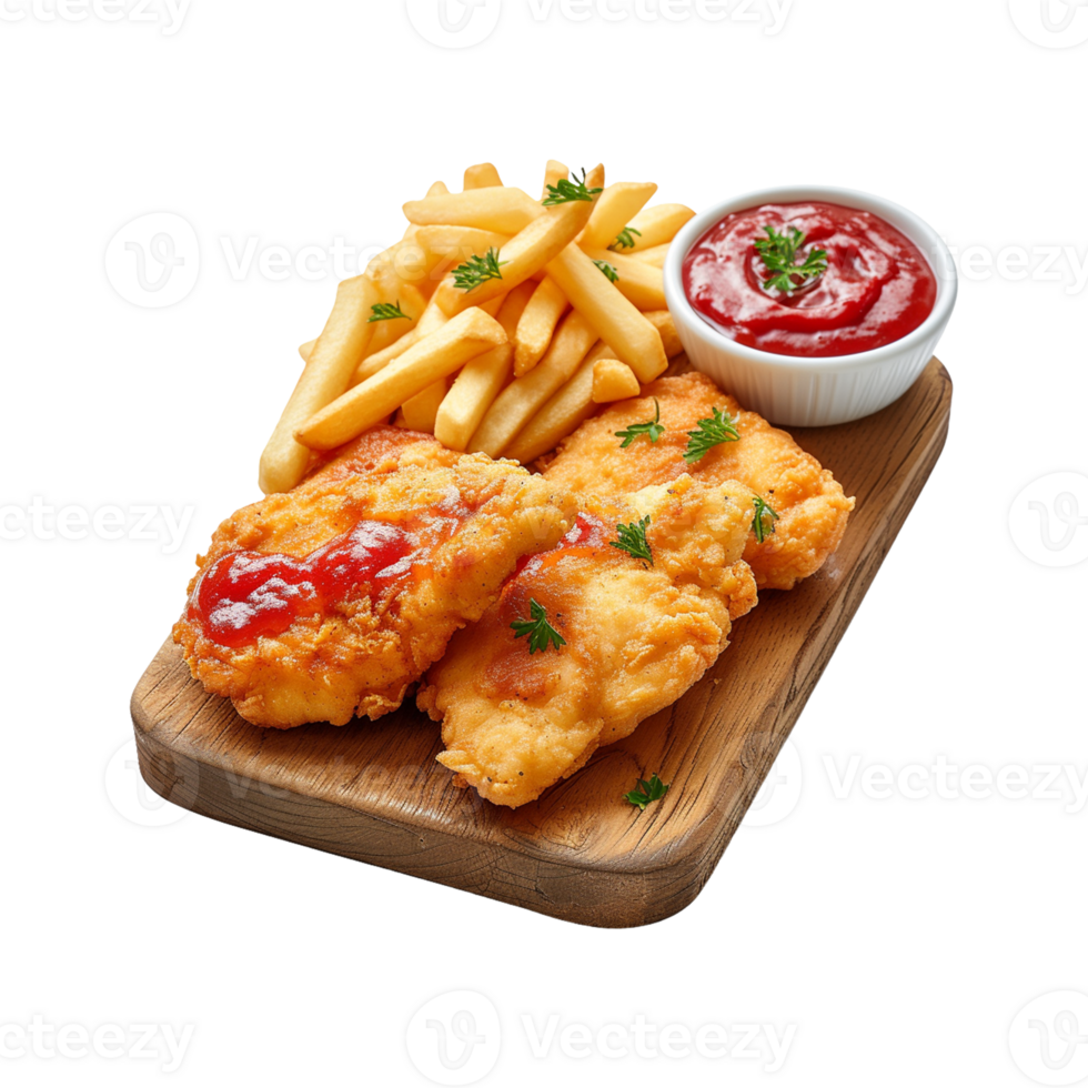 Fried chicken with french fries on a wooden board top view on transparent background png