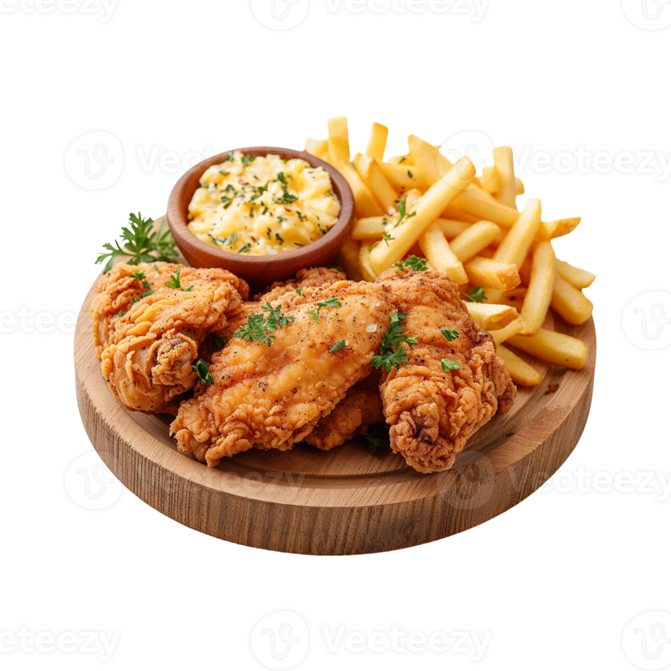 Fried chicken with french fries on a wooden board top view on transparent background png