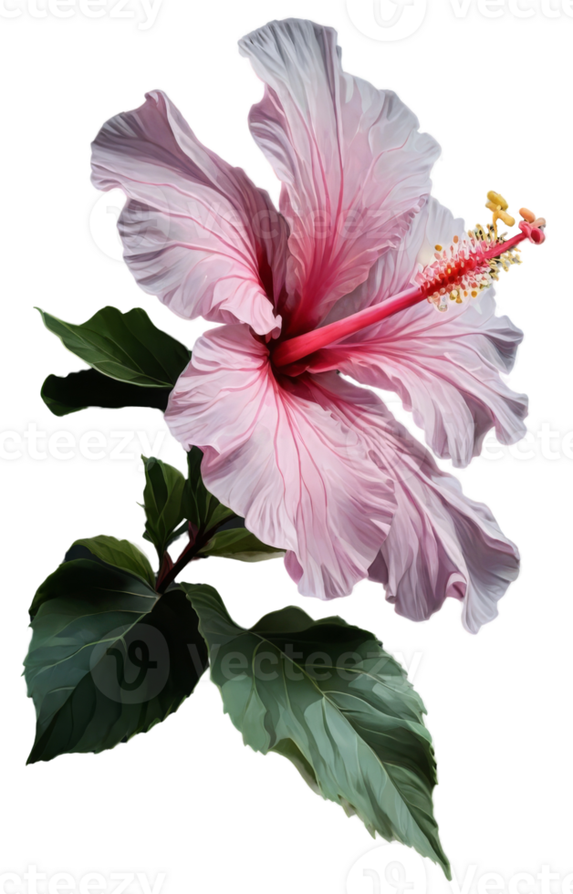 Beautiful pink hibiscus flower with leaf on transparent background png