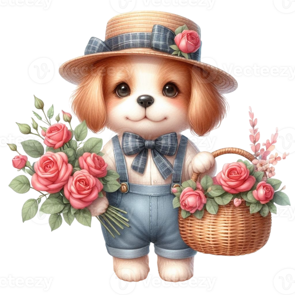 dog with flowers in a basket png