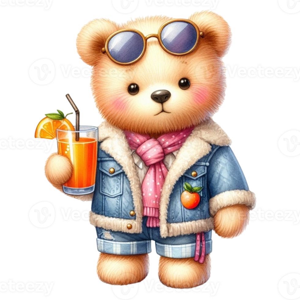 bear wearing glasses and a hat holding an orange juice png