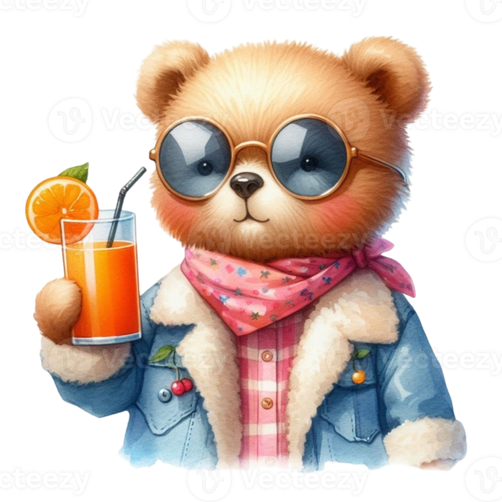 bear wearing glasses and a hat holding an orange juice png