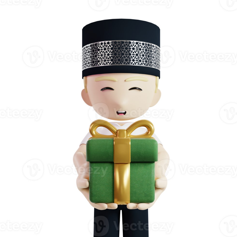 Man Holding Gift Box Islamic Concept 3d Character Render Illustration png