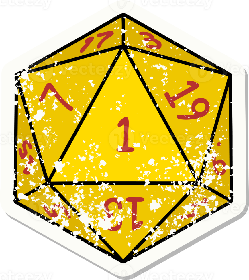 grunge sticker of a natural 1 D20 dice roll png