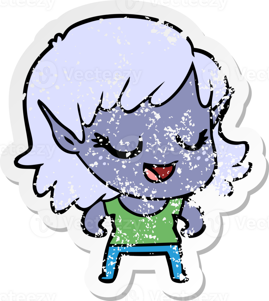distressed sticker of a happy cartoon elf girl png