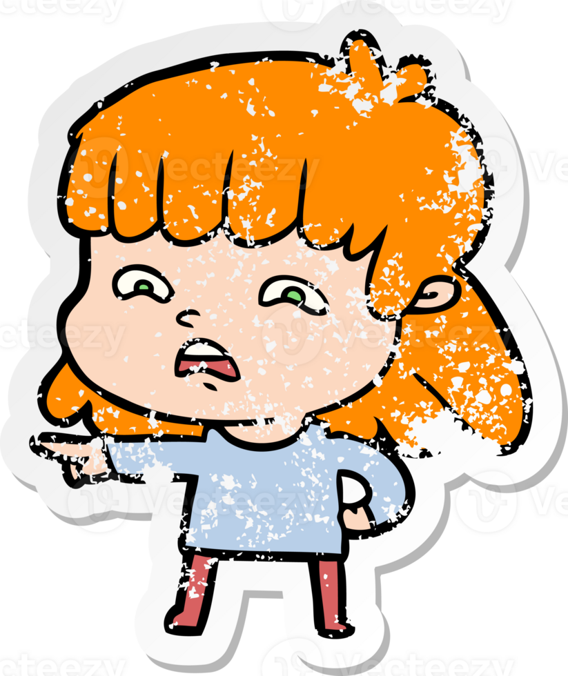 distressed sticker of a cartoon worried woman png