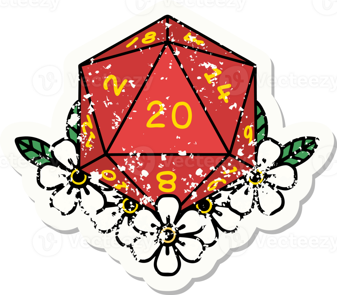 grunge sticker of a natural 20 D20 dice roll with floral elements png