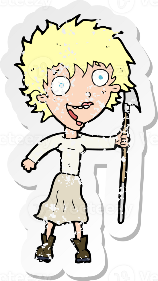 retro distressed sticker of a cartoon crazy woman with spear png