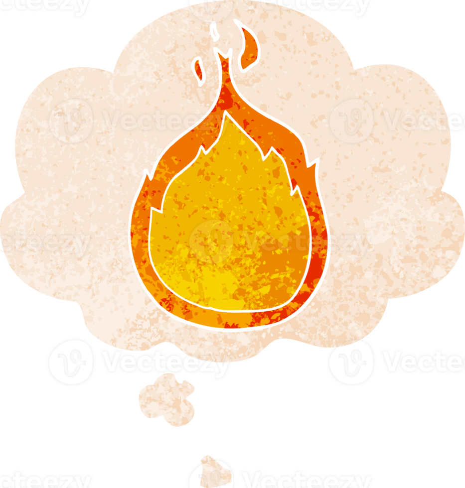 cartoon flames and thought bubble in retro textured style png