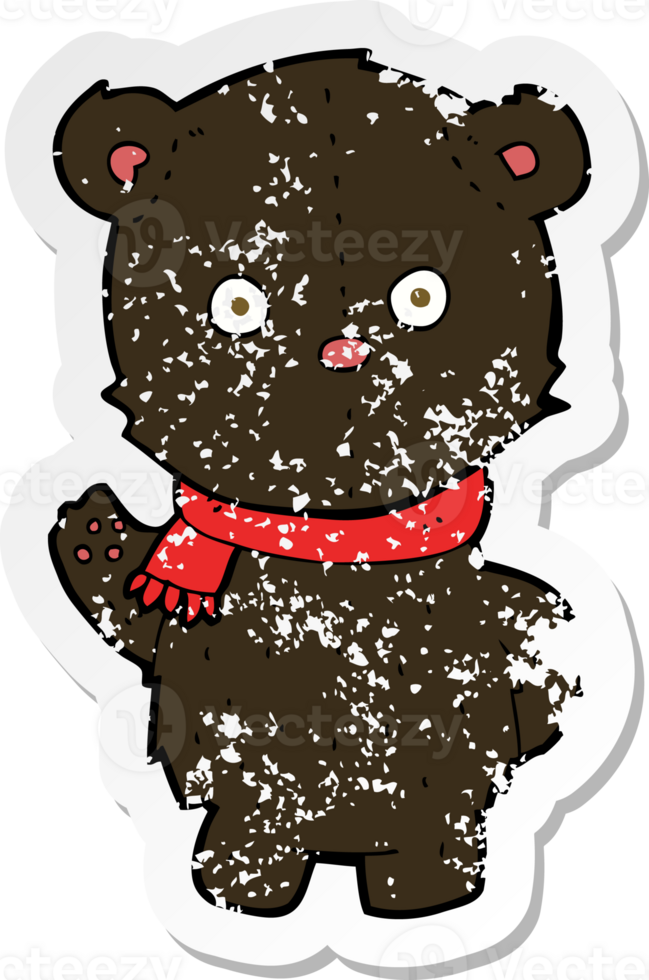 retro distressed sticker of a cartoon waving black bear cub png