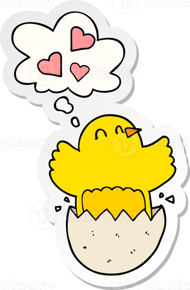cute hatching chick cartoon and thought bubble as a printed sticker png