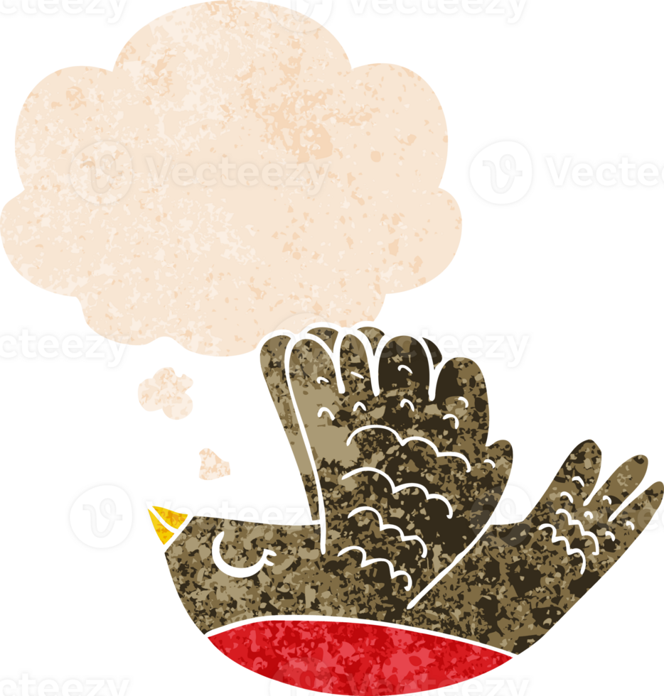 cartoon flying bird and thought bubble in retro textured style png