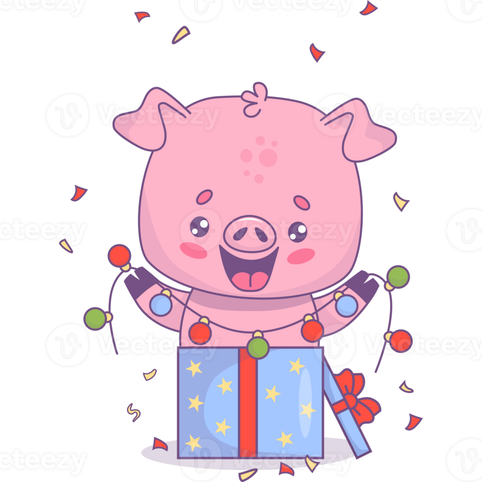 Happy pig in gift box with festive garland png