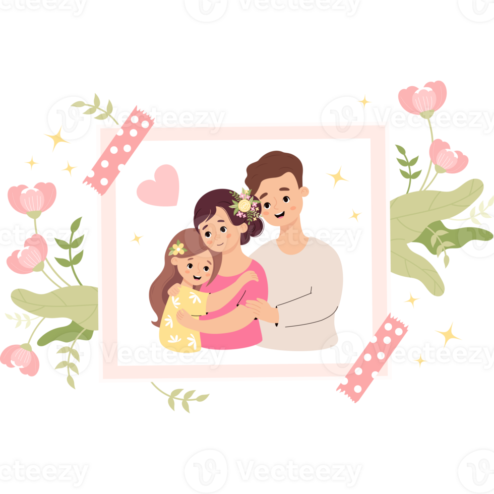 Photo card with portrait family with pink flowers png