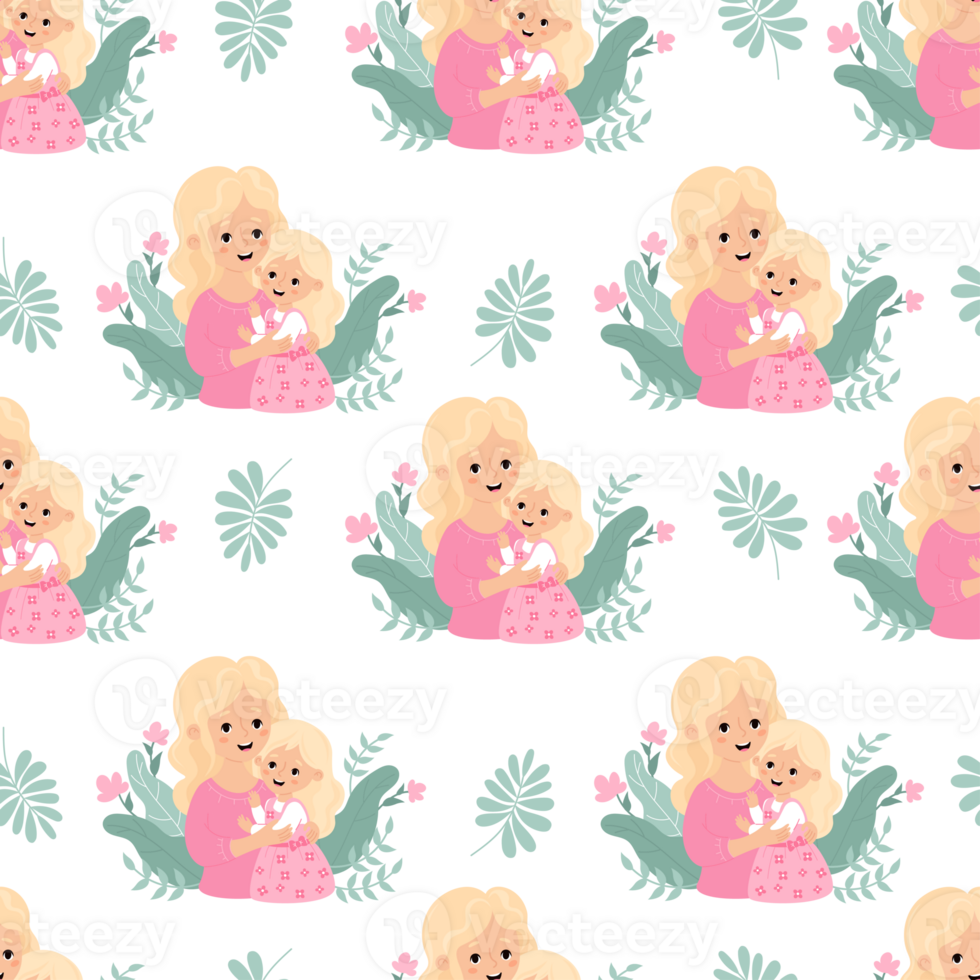 Seamless pattern with blonde woman with daughter png