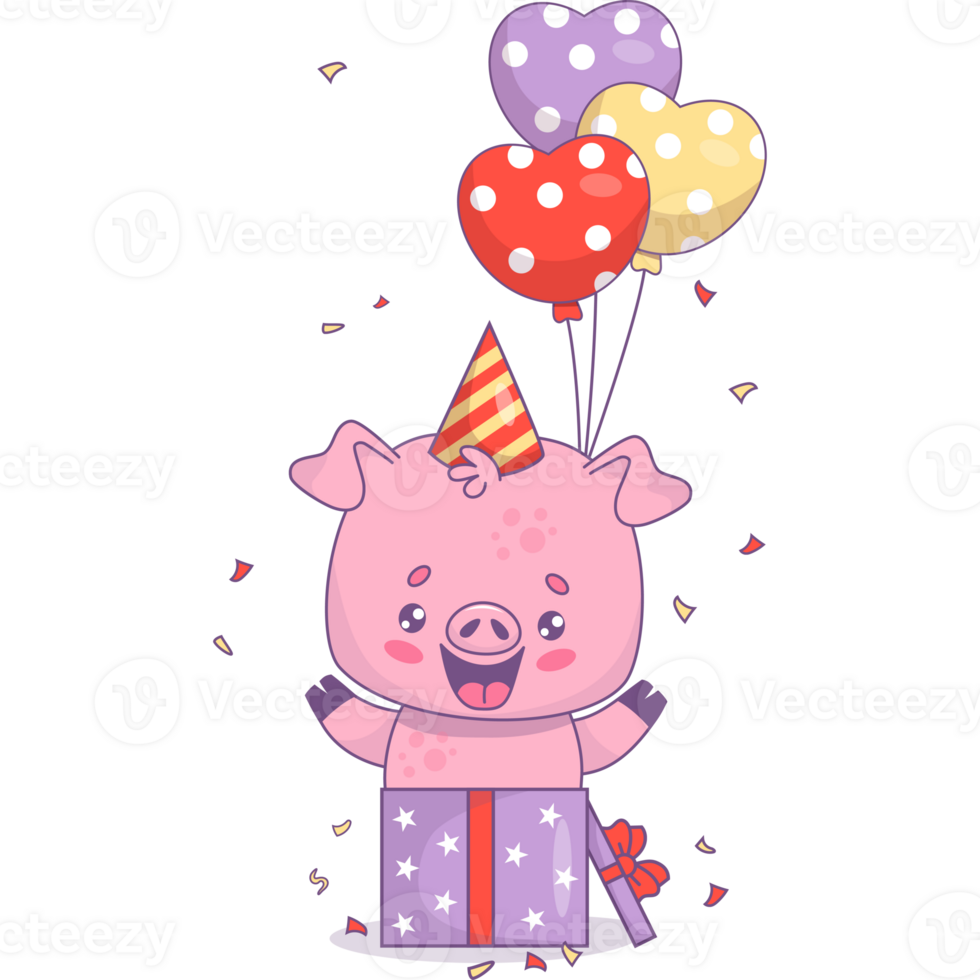 Cute pig in birthday cap in gift box with balloons png