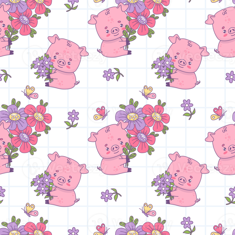 Seamless pattern with pigs with bouquet flowers png