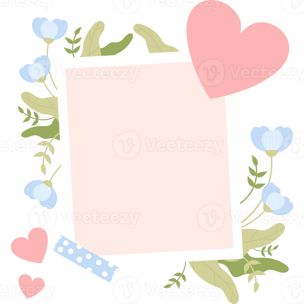 Photo frame with soft blue flowers and heart png